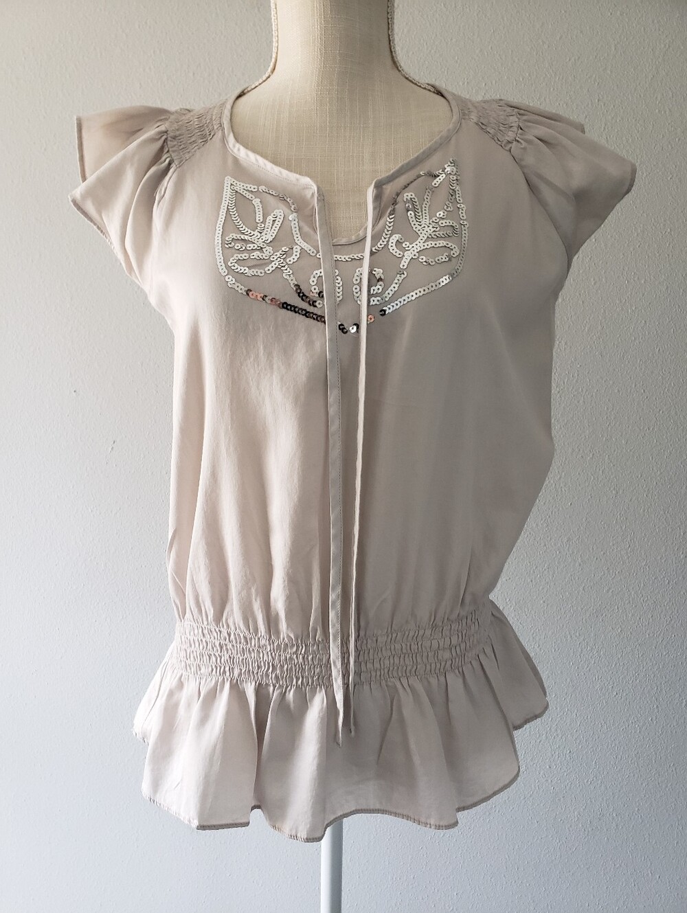 Romy Smocked  Sequin-Accent Blouse Top Womens's Large Tan Beige
